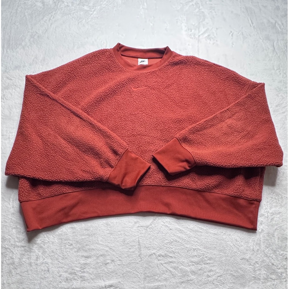 Nike Sportswear Womens XL Plush Sherpa Fleece Crop Crewneck Mars Stone Orange